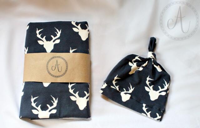 Navy Deer Head Swaddle & Hat Set, Buck, Baby Blanket, Nursing Cover, Woodland Creatures, Newborn Boy, Boy Swaddle, Prop - image 1