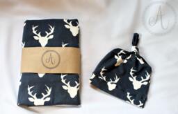 Navy Deer Head Swaddle & Hat Set, Buck, Baby Blanket, Nursing Cover, Woodland Creatures, Newborn Boy, Boy Swaddle, Prop - thumbnail 1