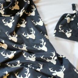 Navy Deer Head Swaddle & Hat Set, Buck, Baby Blanket, Nursing Cover, Woodland Creatures, Newborn Boy, Boy Swaddle, Prop - thumbnail 2