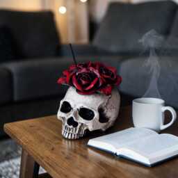 Ivory Skull With Red Roses, Gothic Incense Holder, Dark Academia Decor, Halloween Figurine - thumbnail 1