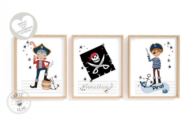 Children's Room Pictures, 3 Pieces, A4 Print, Pirates, With Name Selection