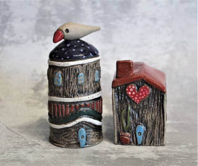 Set Of Two Ceramic Buildings, Clay House & A Clay Tower With Bird On Top. Unique Art Decor For The Home Or Office Ooak Gift - image 1