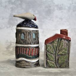 Set Of Two Ceramic Buildings, Clay House & A Clay Tower With Bird On Top. Unique Art Decor For The Home Or Office Ooak Gift - thumbnail 4