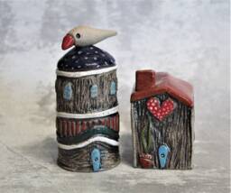 Set Of Two Ceramic Buildings, Clay House & A Clay Tower With Bird On Top. Unique Art Decor For The Home Or Office Ooak Gift