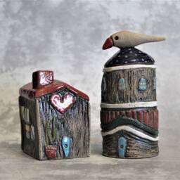 Set Of Two Ceramic Buildings, Clay House & A Clay Tower With Bird On Top. Unique Art Decor For The Home Or Office Ooak Gift - thumbnail 3