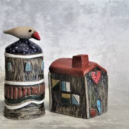 Set Of Two Ceramic Buildings, Clay House & A Clay Tower With Bird On Top. Unique Art Decor For The Home Or Office Ooak Gift - thumbnail 2