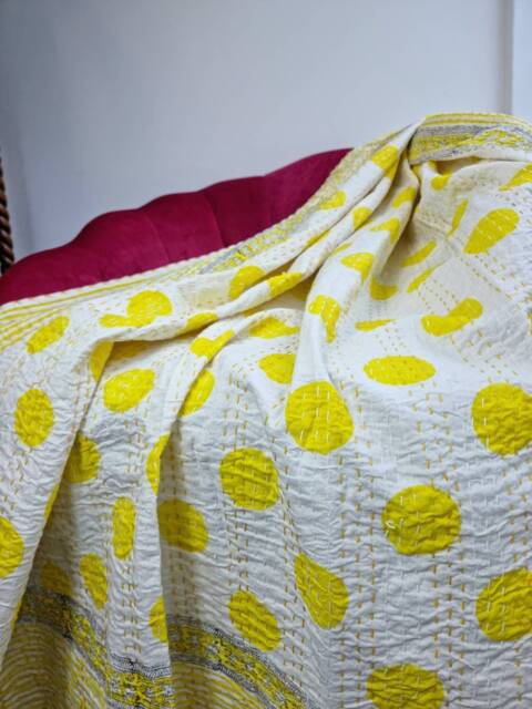 Kantha Stitch Pure Cotton Reversible Bed/Sofa/Picnic/Kids Room Throw Singlesize Handprint Dohar Floral Summer White Yellow Pop Polka Stripe - image 1