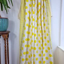 Kantha Stitch Pure Cotton Reversible Bed/Sofa/Picnic/Kids Room Throw Singlesize Handprint Dohar Floral Summer White Yellow Pop Polka Stripe - thumbnail 3