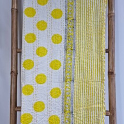Kantha Stitch Pure Cotton Reversible Bed/Sofa/Picnic/Kids Room Throw Singlesize Handprint Dohar Floral Summer White Yellow Pop Polka Stripe - thumbnail 2
