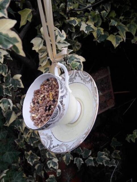 Vintage Teacup Bird Feeder Yellow China Garden Ornament - image 1