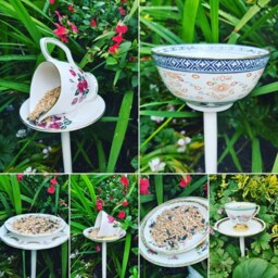 Vintage Teacup Bird Feeder Yellow China Garden Ornament - thumbnail 4
