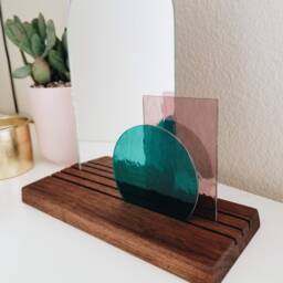 Look At Me - Teal & Pale Purple Glass Modern Vanity Mirror On Wood Base - thumbnail 3