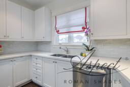 Custom Flat Roman Shade, White Linen, Red Greek Key Trim