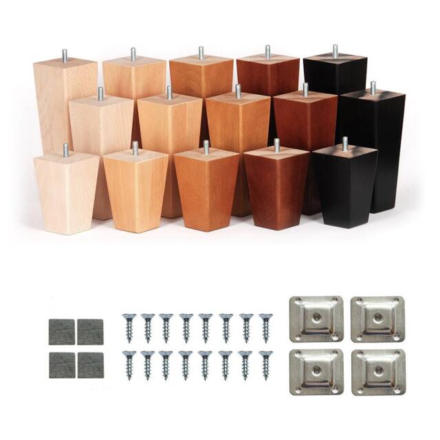 4x Wooden Furniture Tapered Square Legs Feet Beech For Stools Sofa Chair Chest Hotel 4'' - 8'' Sanded Raw Various Colours M8 Fixing Plates - image 1