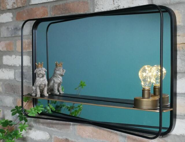 Industrial Black Metal Wall Mirror With Copper Shelf - image 1