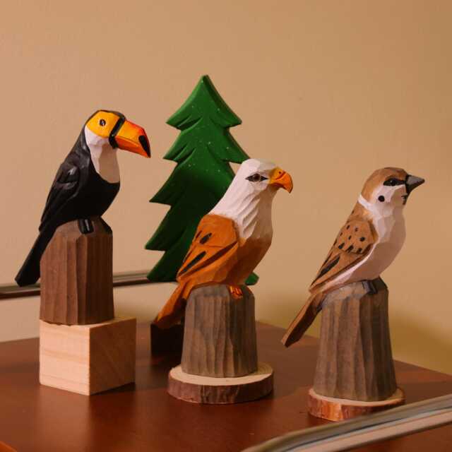 Handmade Wooden Bird Figurine, Bookshelf Decor, Hand Crafted Birds, Lover Gift, Artisan Animal Toucan, Bald Eagle, Sparrow - image 1