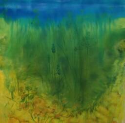 Flowers Painting On Silk Sun The Sky Grass Smell Original Artwork Exclusive Gift Hand Painted Silk Home Decor 35x35 Inches - thumbnail 1