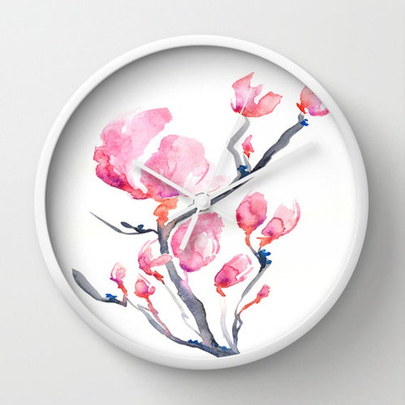 Japanese Magnolia Wall Clock - Floral Painting Kitchen Modern Decor - image 1