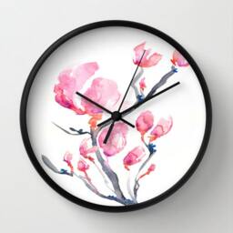 Japanese Magnolia Wall Clock - Floral Painting Kitchen Modern Decor - thumbnail 2