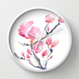 Japanese Magnolia Wall Clock - Floral Painting Kitchen Modern Decor - thumbnail 1