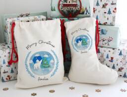 Personalised Santa Sack , Christmas Tree Polar Bear Stocking, Toy Sack, Christmas Eve Bag, Family Stockings