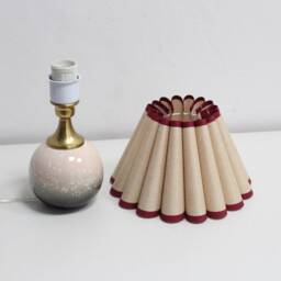 Handmade Scallop Linen Lamp Burgundy Trim, Ceramic Base - thumbnail 2