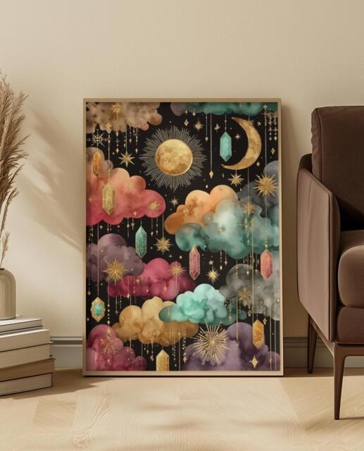 Gemstone Crystal Cloud Art Print Jewel-Tone Gold Moon Star Dreamscape - image 1