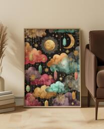 Gemstone Crystal Cloud Art Print Jewel-Tone Gold Moon Star Dreamscape - thumbnail 1