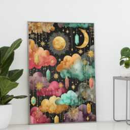 Gemstone Crystal Cloud Art Print Jewel-Tone Gold Moon Star Dreamscape - thumbnail 2