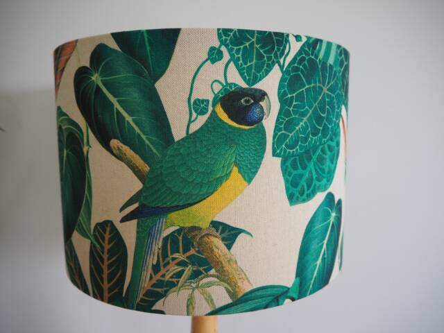 Green Bird Lampshade Tropical Exotic Birds Leaves Yellow Jungle Handmade Fabric Lamp Shade Drum Ceiling Pendant Or Table Floor - image 1