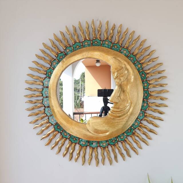 Mirror Sun & Moon 78cm Gold -Interior Decoration - Wall Home Decorative Mirrors Peruvian Handicrafts - image 1