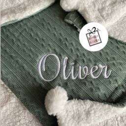 Personalised Newborn Baby Children's Cable Knitted Blanket -Italic Name Embroidered Pom Pom/Sherpa Reverse. Shower, 1st Birthday Nursery - thumbnail 3