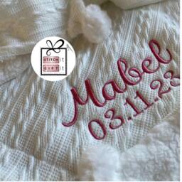 Personalised Newborn Baby Children's Cable Knitted Blanket -Italic Name Embroidered Pom Pom/Sherpa Reverse. Shower, 1st Birthday Nursery - thumbnail 2