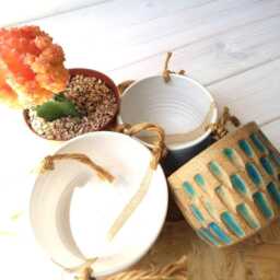Ceramic Planter, Succulent White Turquoise Plant Pot, Pottery Hanging Planter - thumbnail 4