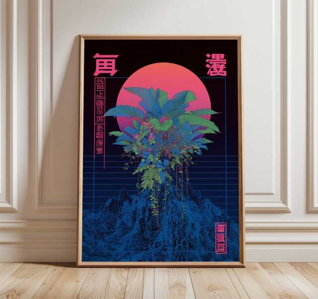 Japanese Cyberpunk Poster, Neon Botanical Wall Art Print, Blue & Pink Gradient Moon Design, Futuristic Nature Decor For Modern Homes - image 1