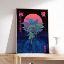 Japanese Cyberpunk Poster, Neon Botanical Wall Art Print, Blue & Pink Gradient Moon Design, Futuristic Nature Decor For Modern Homes - thumbnail 2