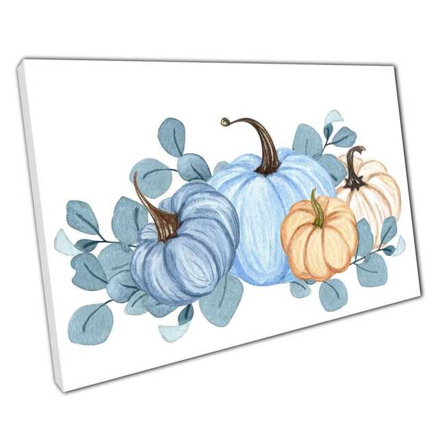 Watercolor Pumpkin Canvas Print Autumn Floral Blue-Orange Harvest Wall Art For Home Office - image 1