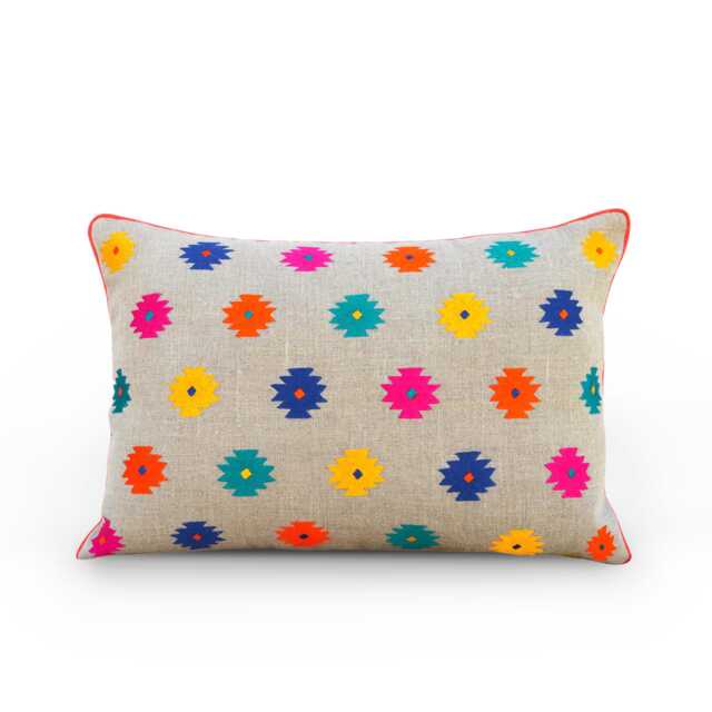 Embroidered Pillow Cover in Linen Multicolour Moroccan Case Bohemian Tribal Peruvian Aztec Kilim - image 1