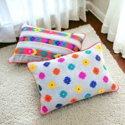 Embroidered Pillow Cover in Linen Multicolour Moroccan Case Bohemian Tribal Peruvian Aztec Kilim - thumbnail 4