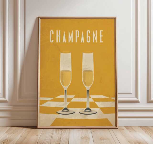 Champagne Poster - Retro Glasses Wall Art, Celebration Party Print, Wedding Anniversary Gift, Cocktail Bar Decor, Festive Artwork - image 1