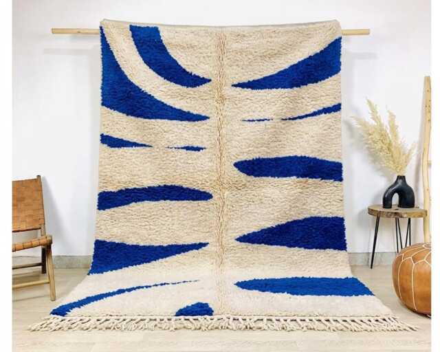 White Blue Abstract Shag Rug - Handmade Moroccan Berber Carpet Hand Tufted Floor Art Style - image 1