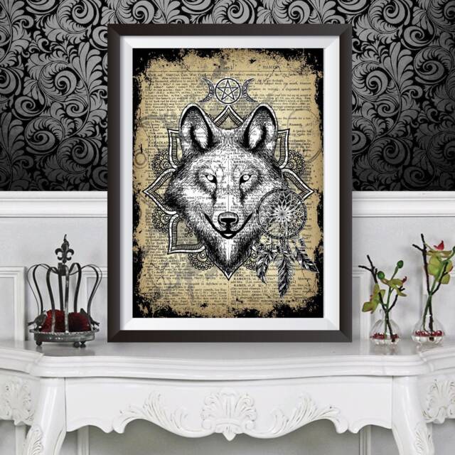 Wolf Art Print With Dictionary Background, Wiccan Occult Collection, Pentagram Witchcraft Artwork, Poster Print Dreamcatcher, Animal - image 1