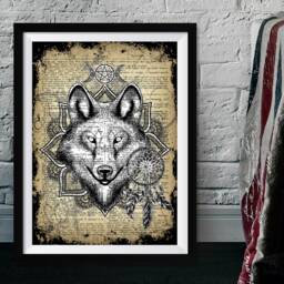 Wolf Art Print With Dictionary Background, Wiccan Occult Collection, Pentagram Witchcraft Artwork, Poster Print Dreamcatcher, Animal - thumbnail 2