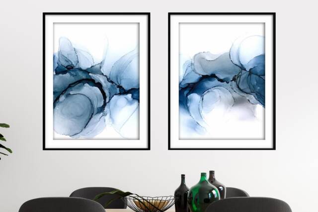 Blue Marble Texture Print Abstract Watercolor Wall Art - image 1