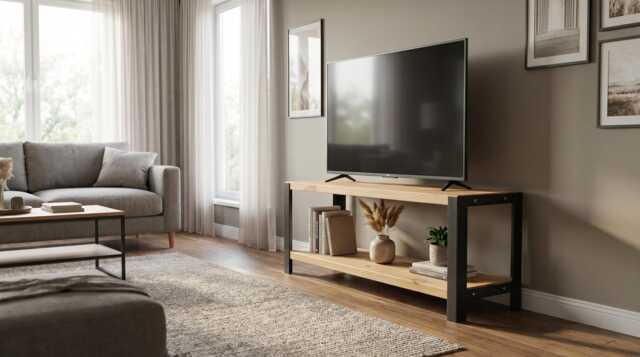 Deep 2-Tier Industrial Wood & Metal Shelving Unit Tv Console With Solid Shelves & Angle Steel Frame, Low Storage - image 1