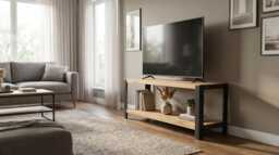 Deep 2-Tier Industrial Wood & Metal Shelving Unit Tv Console With Solid Shelves & Angle Steel Frame, Low Storage - thumbnail 1