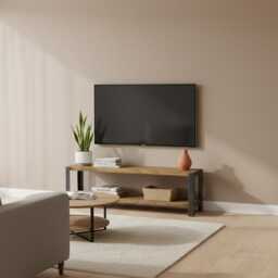 Deep 2-Tier Industrial Wood & Metal Shelving Unit Tv Console With Solid Shelves & Angle Steel Frame, Low Storage - thumbnail 3