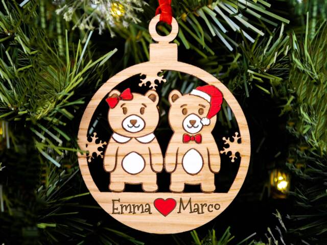 Couples Bear Christmas Bauble Decoration, Personalised Wood Oak Engraved Xmas Tree Ornament, Stocking, Boyfriend Girlfriend Wife Husband - image 1