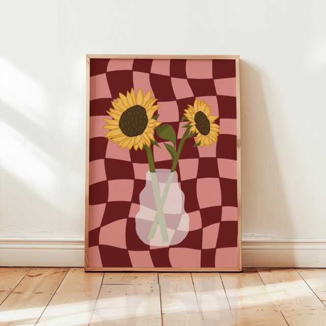 Sunflower Flower Vase Print in Pink & Burgundy Wavy Checkered Unframed Print, Floral Botanical Illustration Poster - image 1