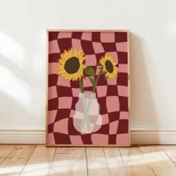 Sunflower Flower Vase Print in Pink & Burgundy Wavy Checkered Unframed Print, Floral Botanical Illustration Poster - thumbnail 1